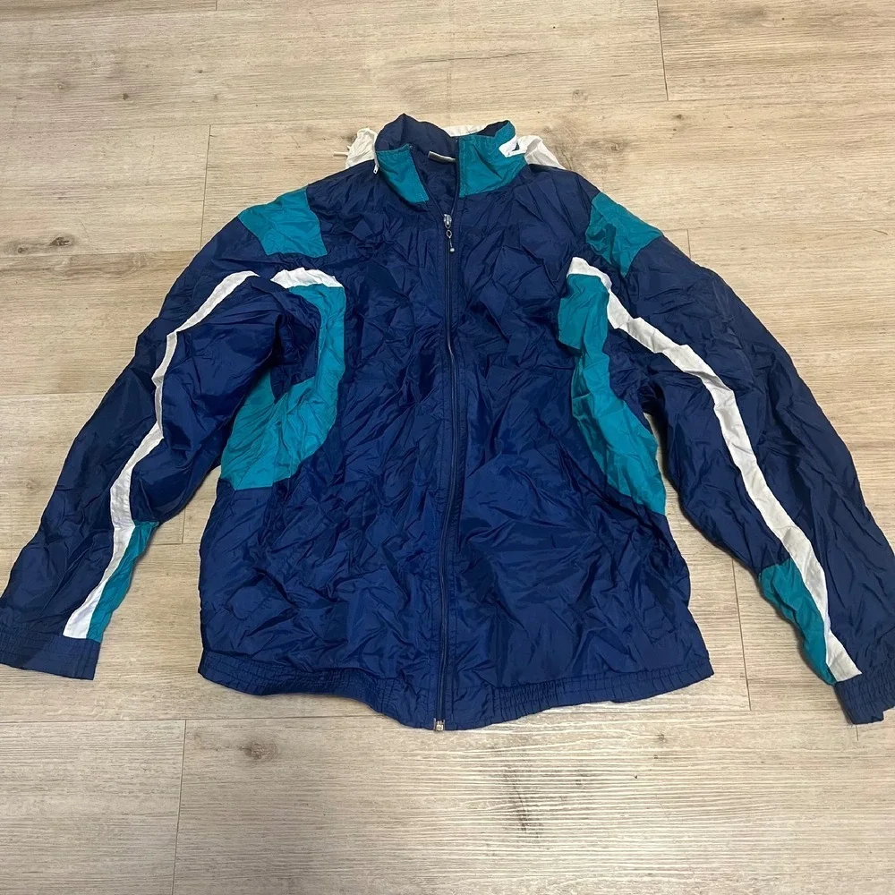 Macgregor Windbreaker Nylon Jacket With Hood Size L‎ 90s Vtg Blue Mens Golf